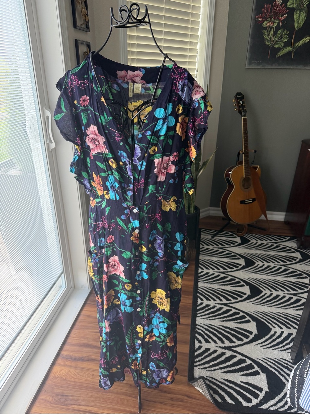 Japna Black Floral Midi Dress with Pink, Blue & Yellow Blooms